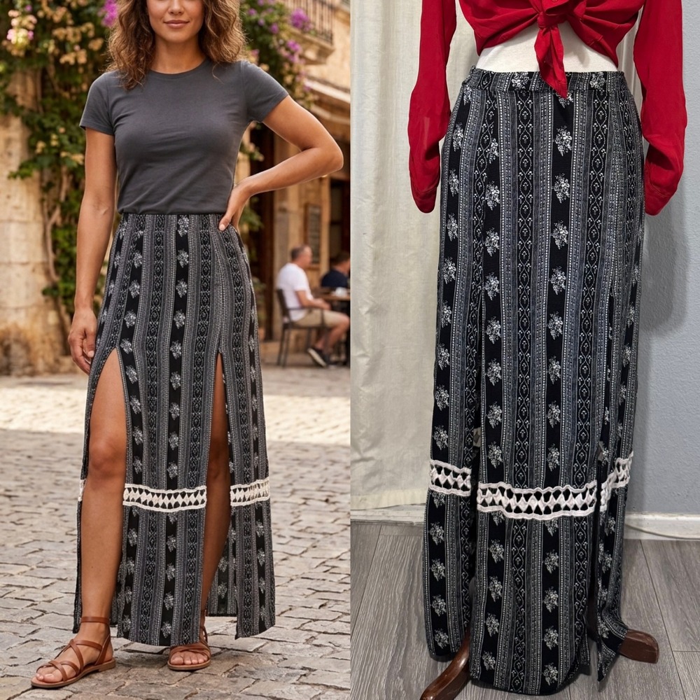 Bohemian Solemio Maxi Skirt M Black White Floral Striped Double Slit‎ Crochet